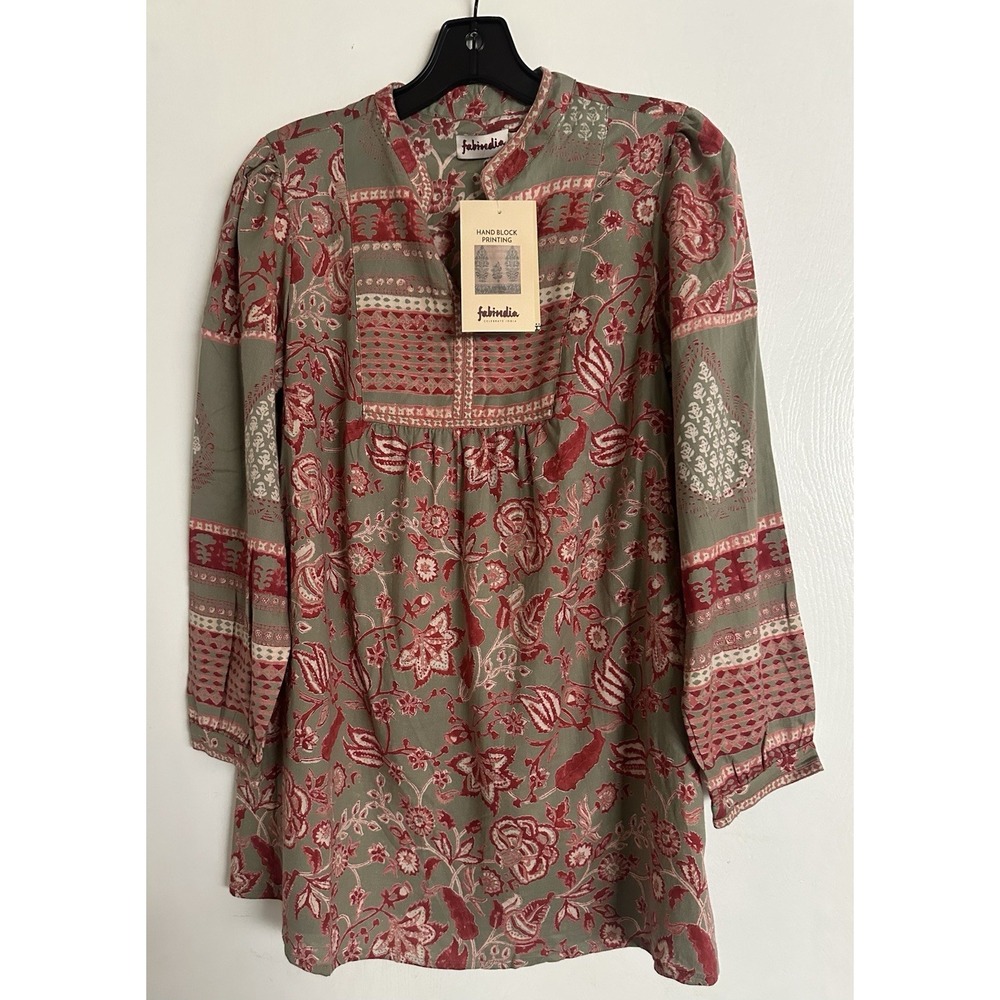 Fabindia Green & Pink Womens Tunic Top XS Floral Lightweight India